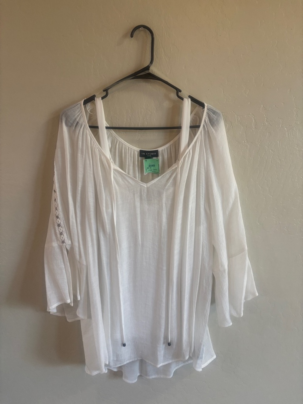 I.N. Studio White Sheer V-Neck Blouse with Tie